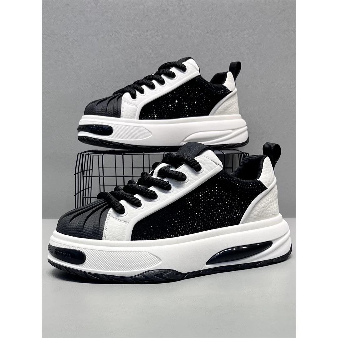 潮牌男鞋2025秋季新款时尚厚底增高板鞋个性烫钻潮流贝壳头休闲鞋