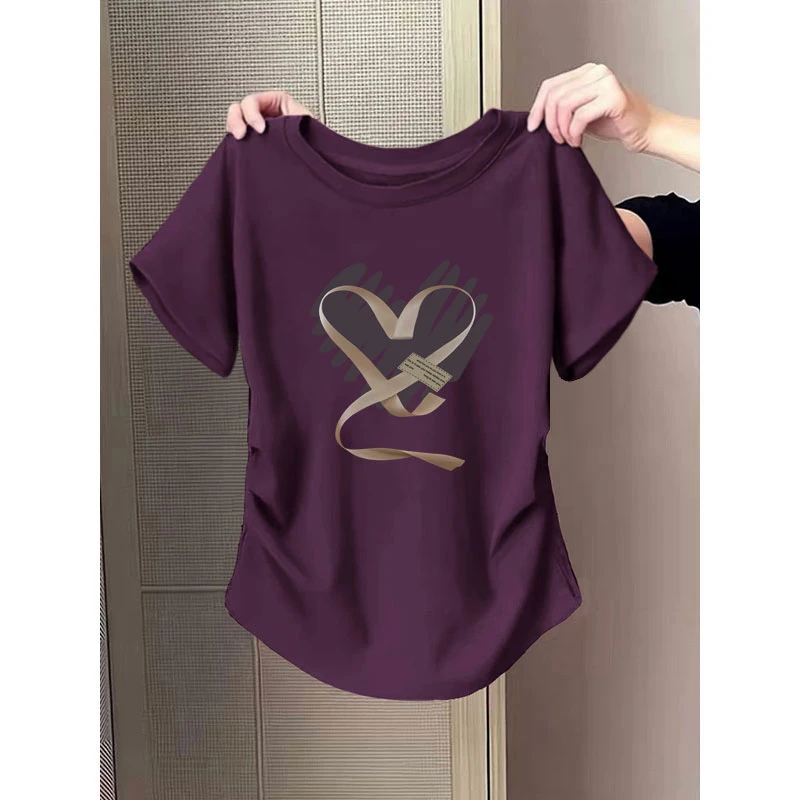 夏季新款短袖t恤衫女时尚气质设计感体恤修身褶皱减龄圆领上衣服