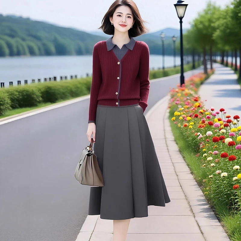 轻熟风优雅气质套装裙女2025新款针织假两件翻领上衣半身裙两件套