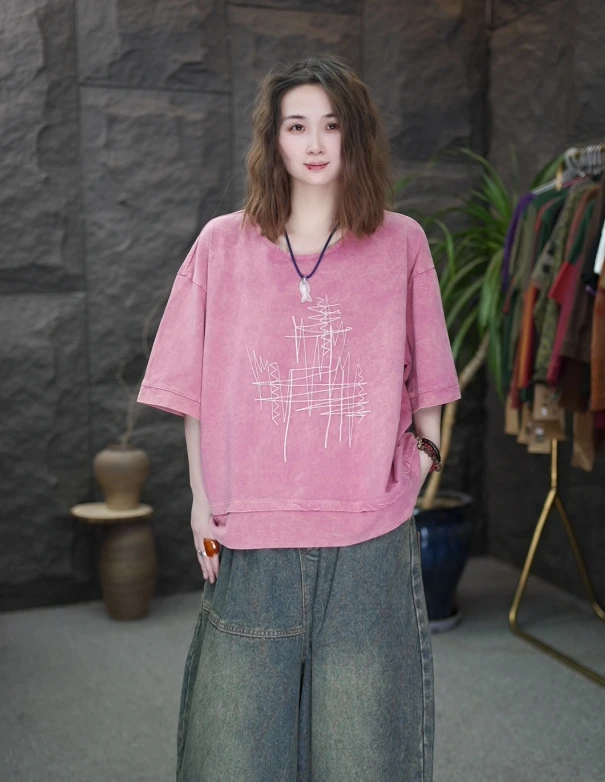 炒色刺绣T恤圆领上衣女夏季新款休闲宽松大版短袖上衣
