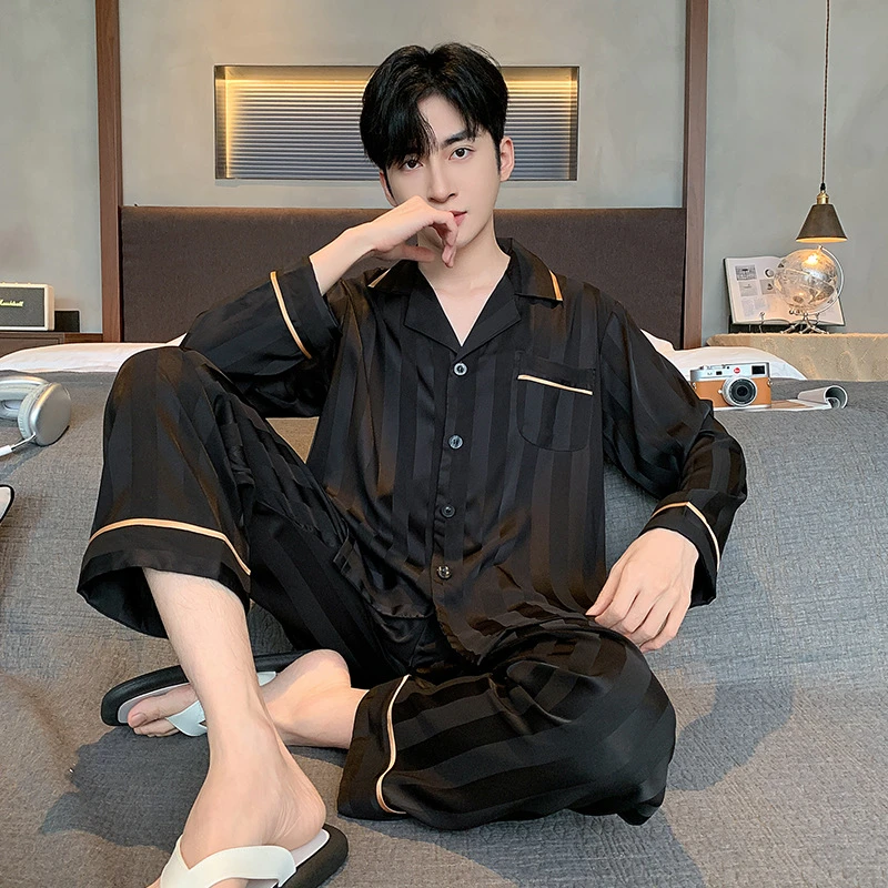 睡衣春秋季款男士青少年冰丝长袖长裤奢华宽松男式大码家居服套装