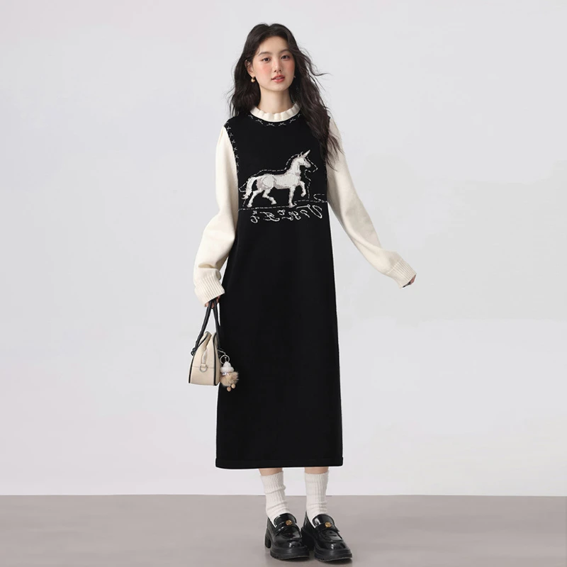 孕妇连衣裙2025秋季新款时尚显瘦休闲秋冬提花小马针织假两件长裙