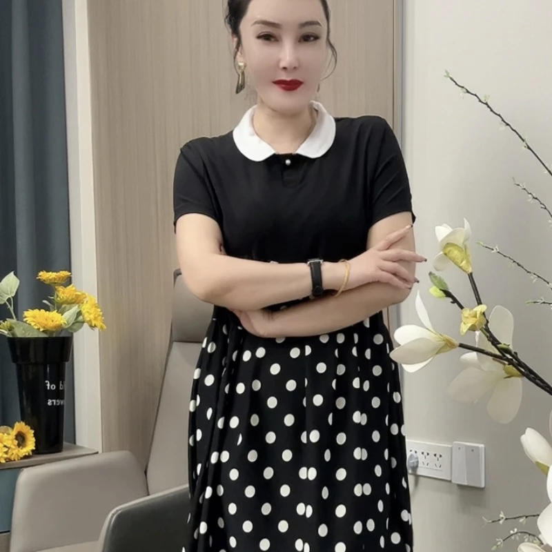 092夏季波点遮肚常规拼接娃娃领连衣裙宽松腰中长裙短袖气质显瘦