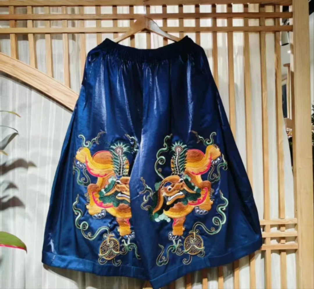 凤徕兮私人定制蓝色光板底双狮子刺绣全松紧加衬花苞裤（SK5320）