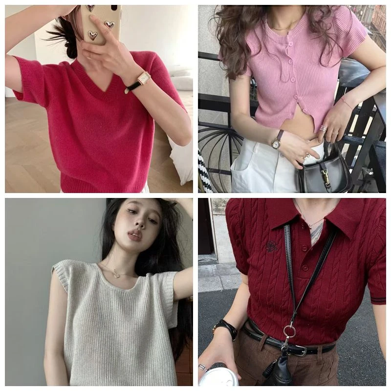 小佳【短袖合集】 高腰修身露脐辣妹短款小个子短袖针织上衣