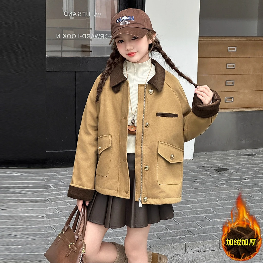 女童复古外套加绒加厚秋冬季2025新款儿童冬装洋气女大童初冬夹克