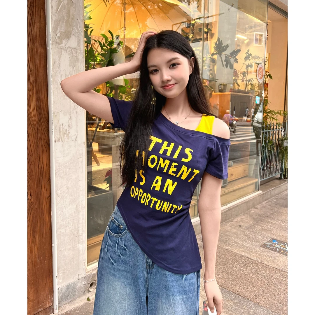 由子衣舍/Youzi Atelierv拼接单肩带斜肩印花T恤短袖2025夏季新款