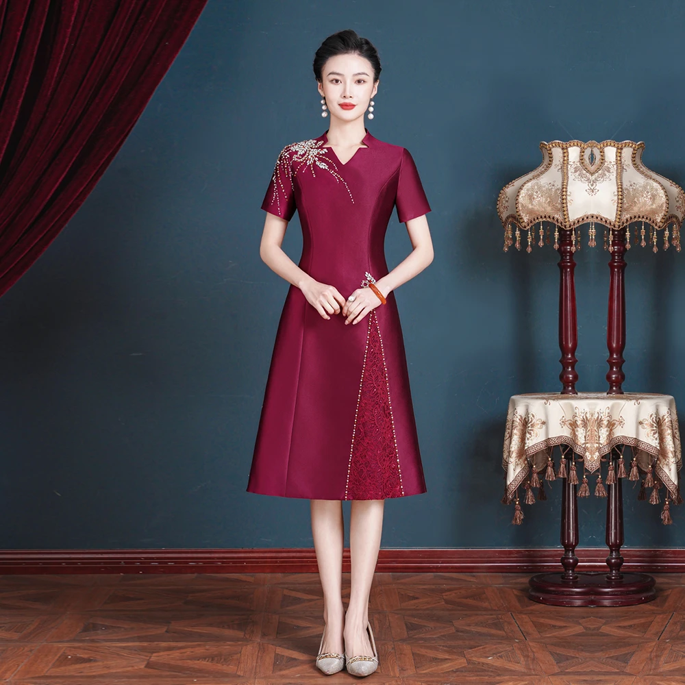 春秋高贵洋气修身礼服夏装婚宴小个子父母宴会日常连衣裙妈妈装