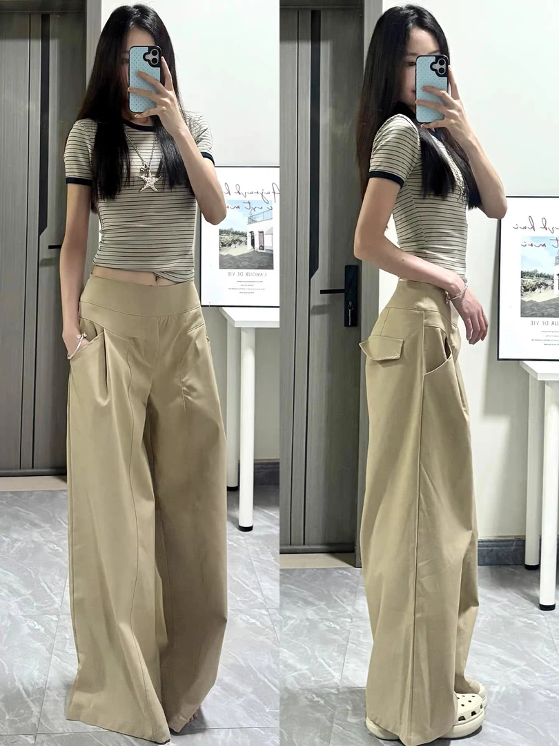 【小雨的店】卡其色西装阔腿裤女新款高腰显瘦设计感速干休闲裤1003