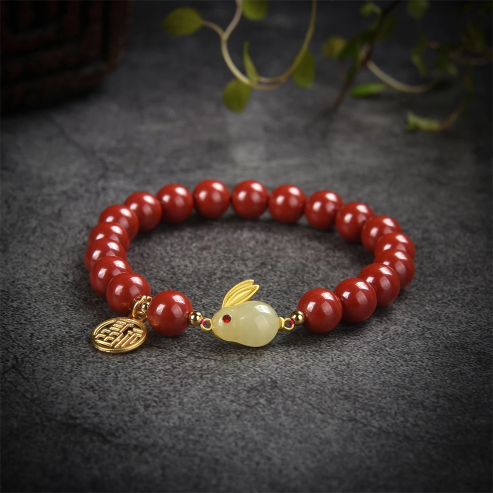 含辰砂工艺品（桃）玉兔纳福朱砂手链