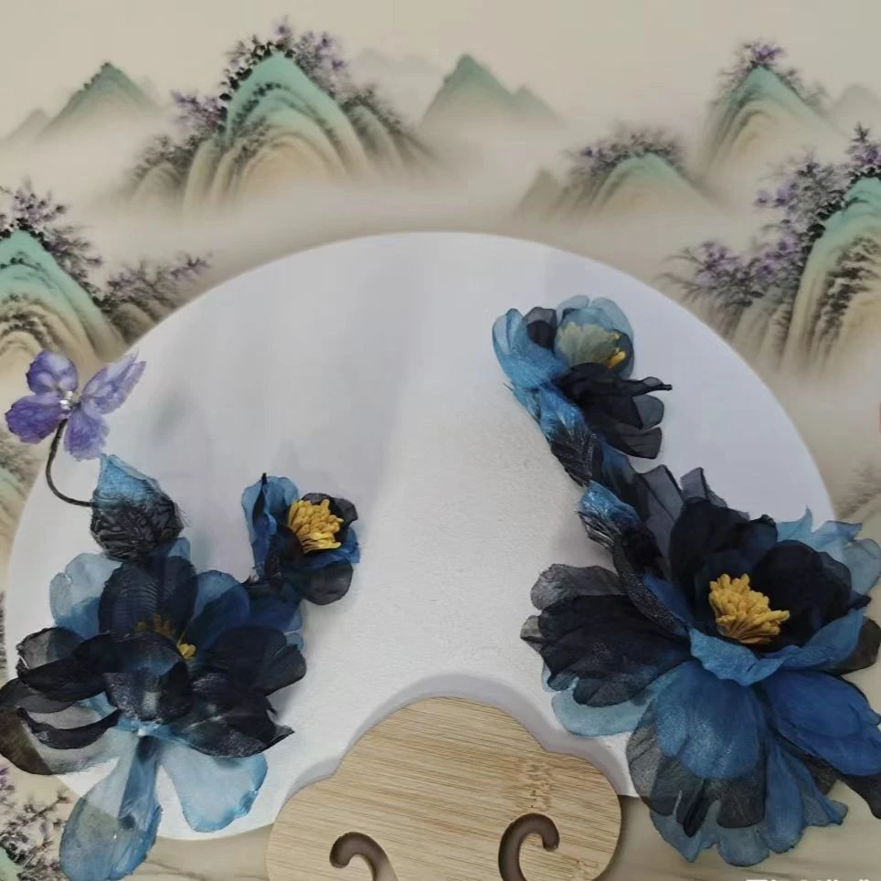 云鬓花古风饰品古装发饰烫花发饰对夹 青墨花枝（孤品汉服发冠B294