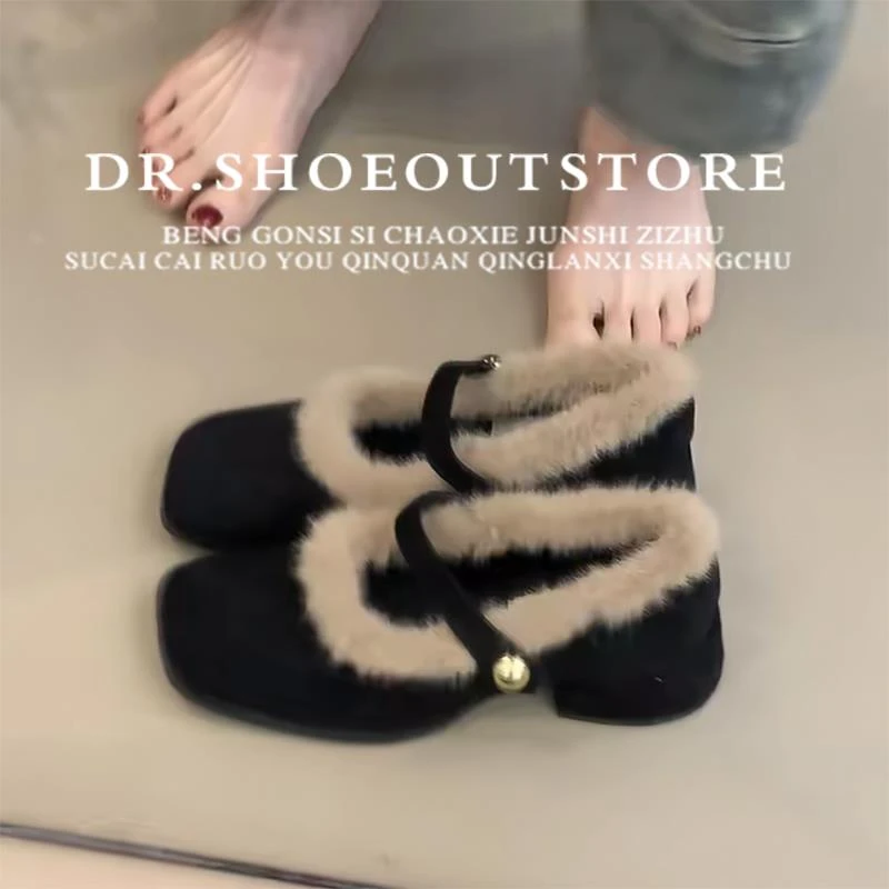 【DR官方正品】DR版！小众毛毛单鞋女新款方头一字带加绒粗跟玛丽