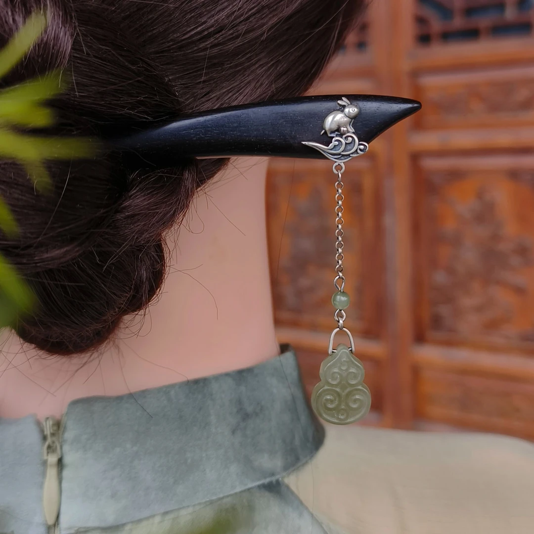 手工黑檀木发簪s925银配件旗袍新中式复古国风玉兔祥云葫芦步摇