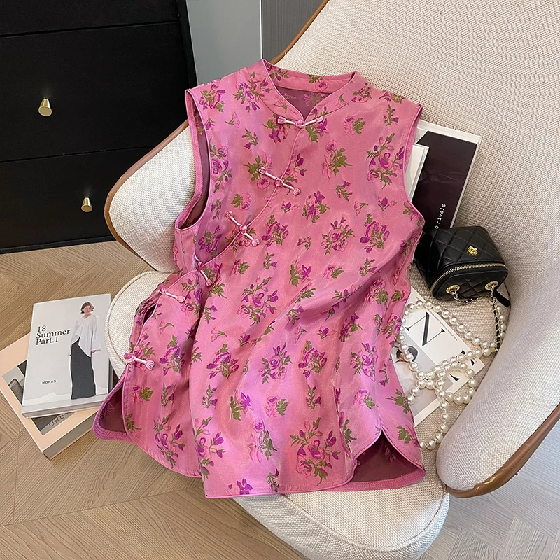 夏季新款粉色国风刺绣无袖衬衫薄款外穿高级感洋气无袖坎肩上衣潮