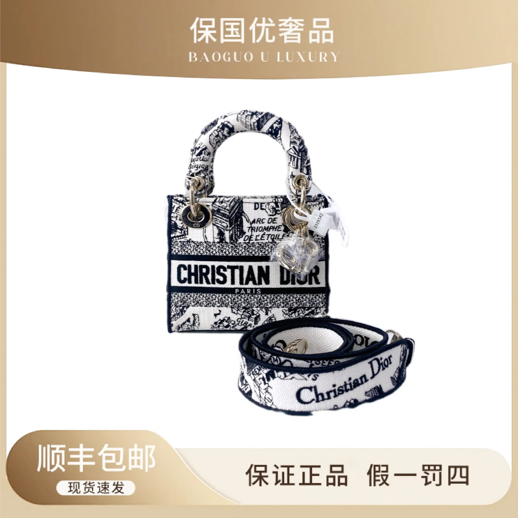 99新 DIOR/迪奥 99新 黑白Plan de Paris图案刺绣 三格戴妃手提包