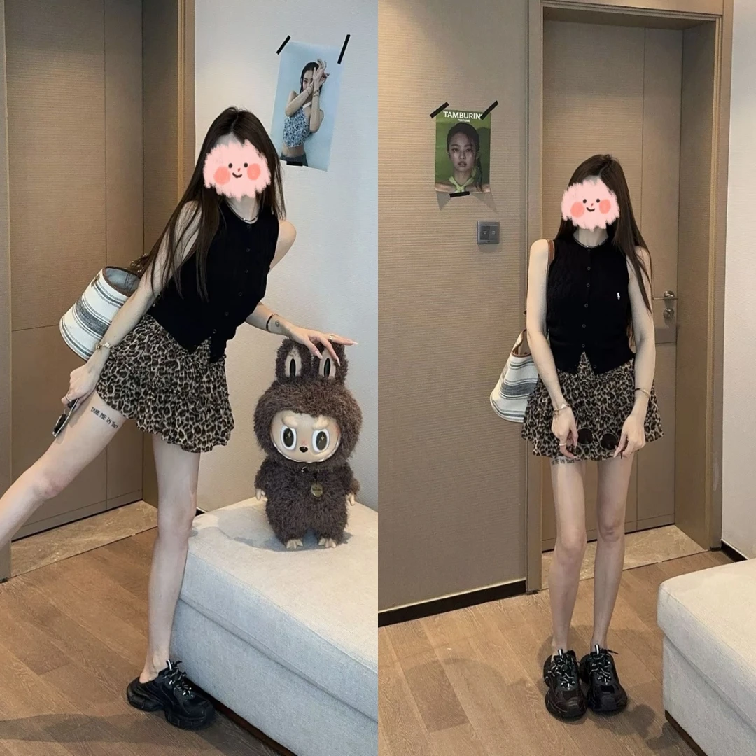 2025夏新款时尚辣妹无袖针织背心上衣高腰显瘦豹纹蛋糕半身裙套装