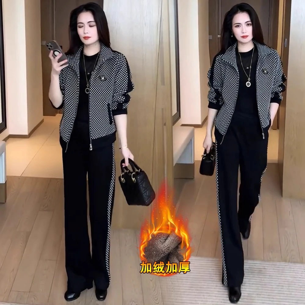 加绒加厚时尚休闲套装女冬季新款宽松显瘦立领开衫阔腿裤两件套潮