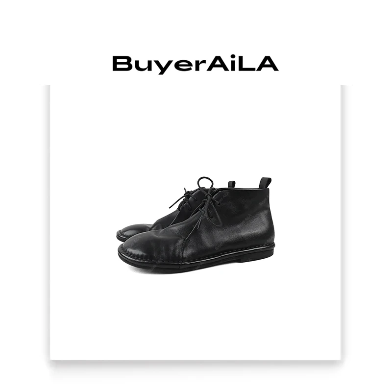 卡纳格调印象水洗马皮系带乐福靴缩纹真皮女士德比短靴