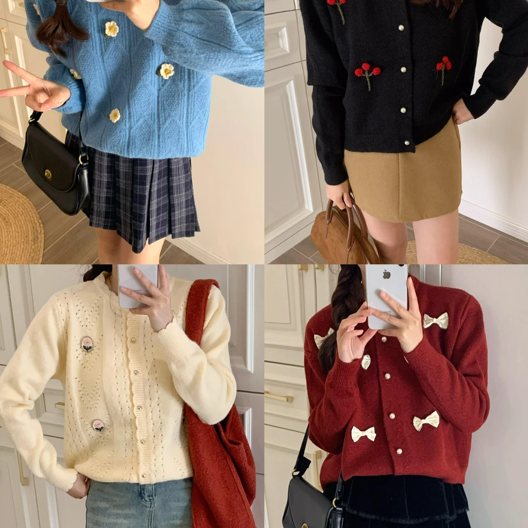 心蓝家 4色可选软糯重工小个子2025韩版毛衣复古穿搭开衫女装150