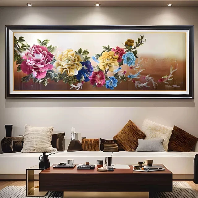 富贵牡丹高档客厅沙发背景墙刺绣挂画高端织锦苏绣大幅面横幅壁画