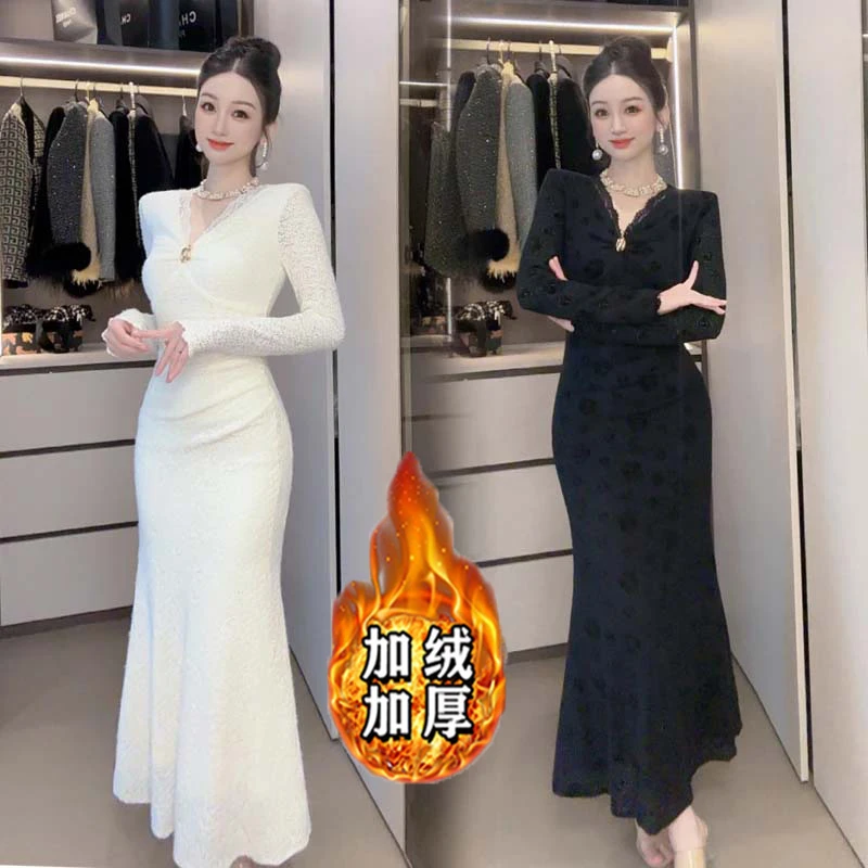 【加绒加厚】V领秋冬法式蕾丝鱼尾连衣裙QY0166