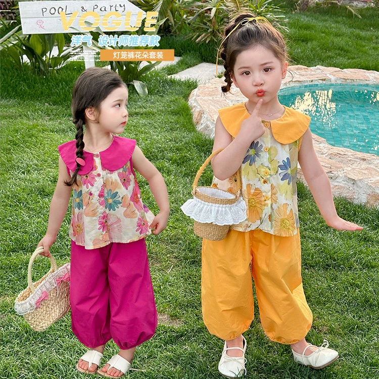 女童夏日背心套装夏日缤纷甜美花朵娃娃领背心防蚊裤两件套