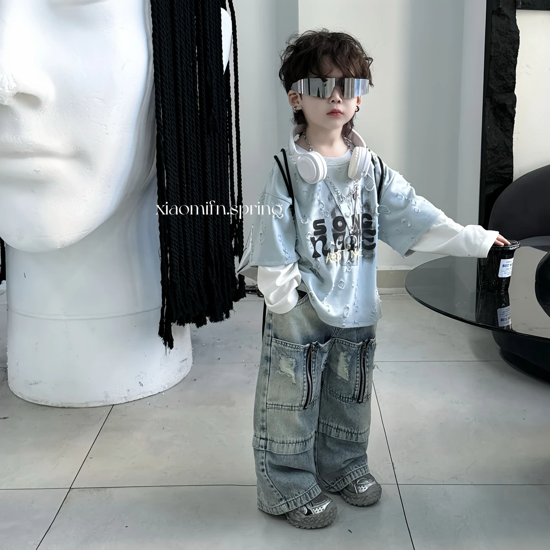 现货〃2025春季新款假两件韩版男童洋气儿童卫衣破边痞帅童装80060
