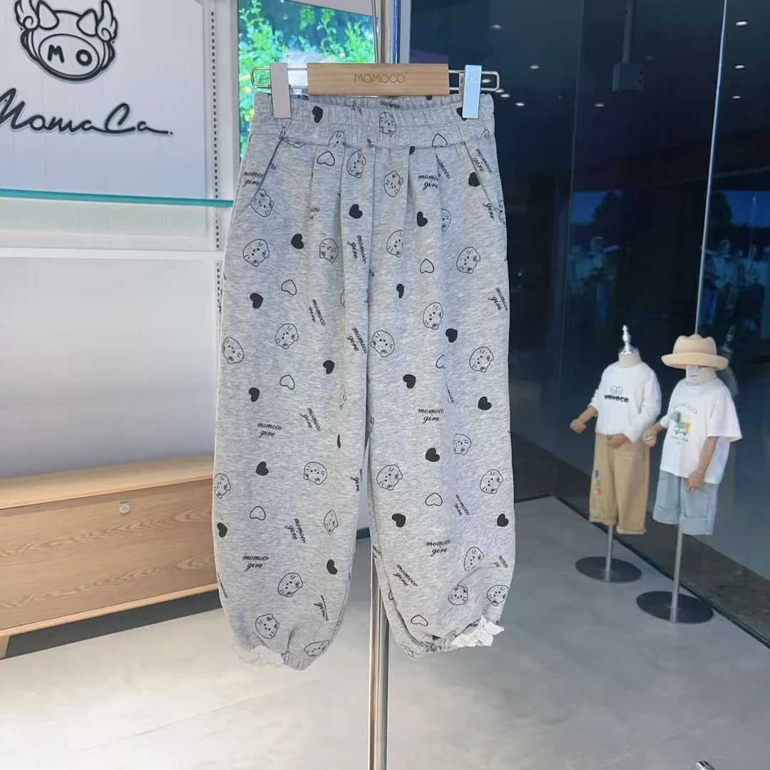 MOMOCO女童秋季可爱猫咪印花时尚休闲束脚花灰色卫裤20250924002