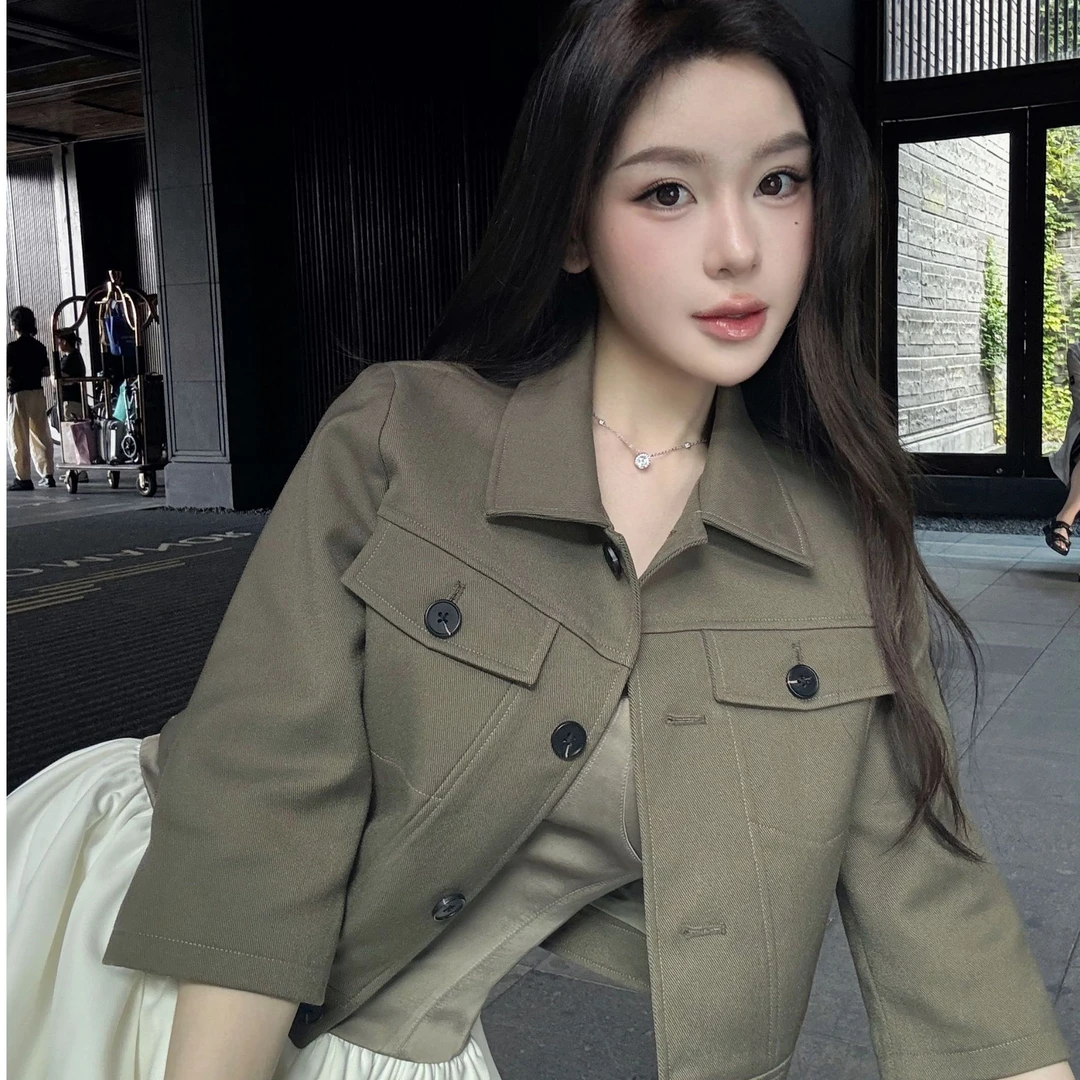 早秋复古法式七分袖工装外套秋季女外套短款休闲百搭短外套气质