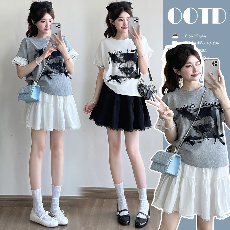 孕妇装网红套装2025新款夏装时尚蝴蝶显瘦上衣+休闲短裙女两件套