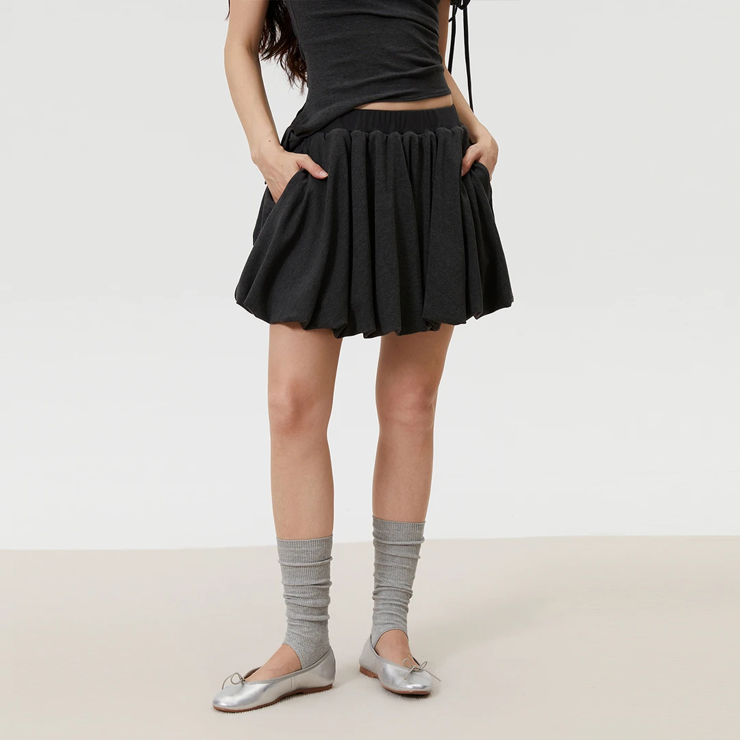 INRM 复古灰色针织花苞半裙夏季女松紧腰显高百褶包臀半身裙