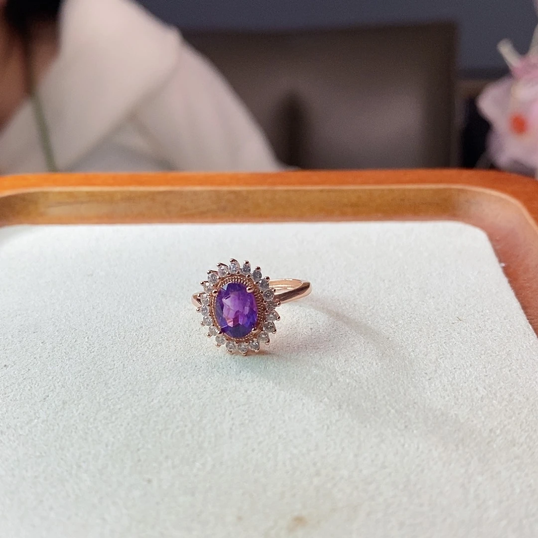 水晶戒指银S925镶嵌开口戒指