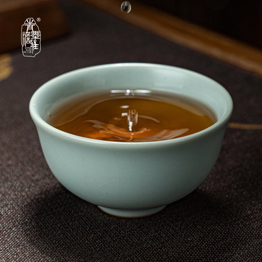 青澹墨雅汝窑圆心杯主人杯手工陶瓷茶具景德镇青瓷中式礼开片可养