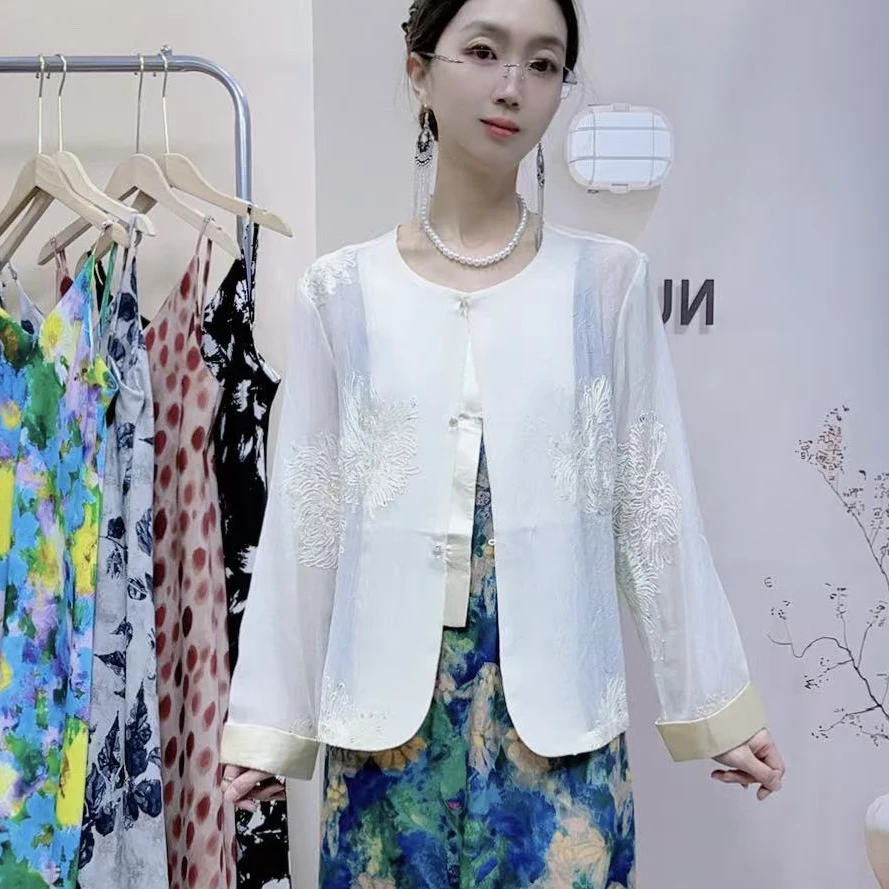 新中式国风轻奢重工刺绣圆领衬衫夏季宽松显瘦气质防嗮上衣