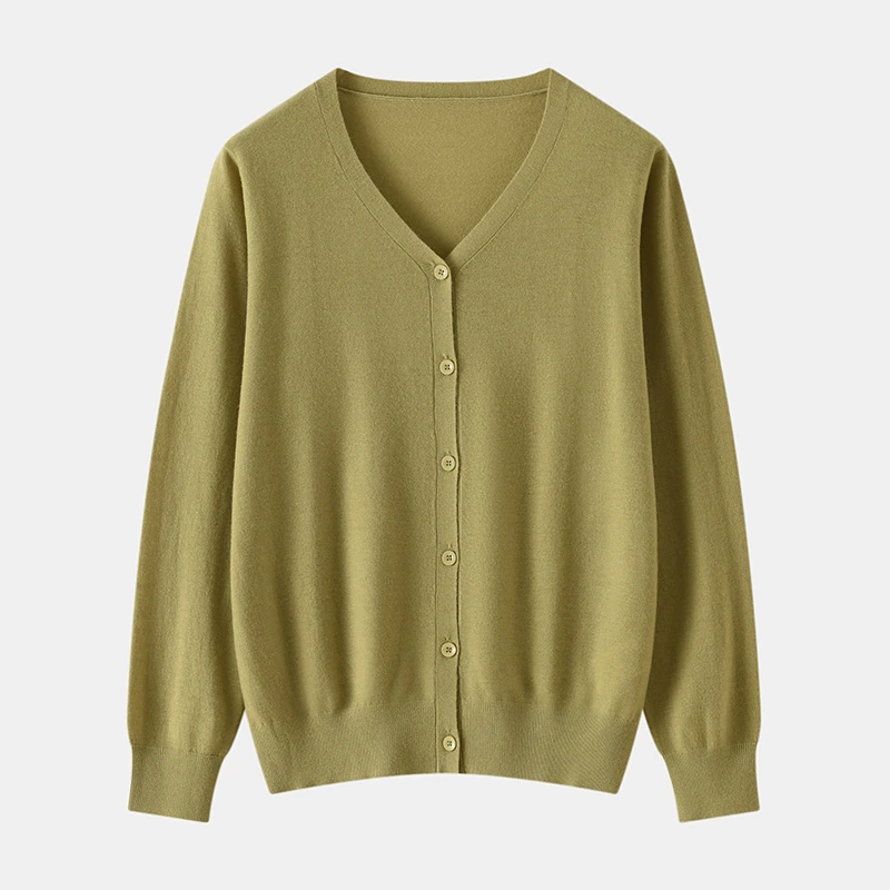 不议价】女士18针精纺羊毛V领系扣薄款长袖开衫亲肤不扎舒适柔软