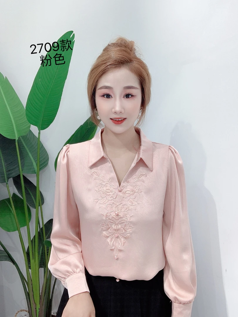 2709长袖翻领POLO领成人秋季刺绣衬衫网红小衫红色时尚上衣百搭