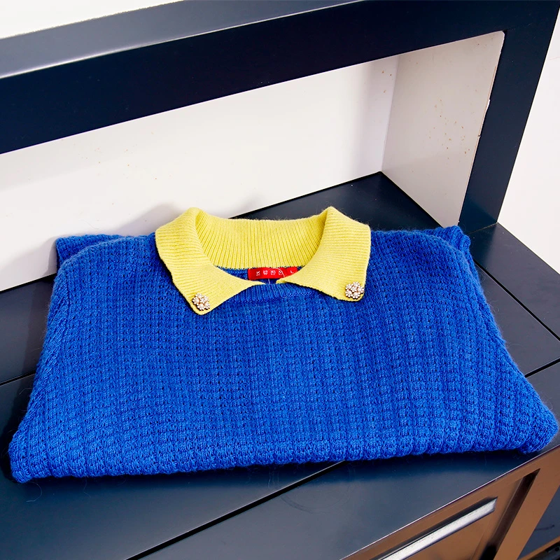 L4VB61302#秋季新款假两件娃娃领时尚宽松上衣休闲撞色女针织衫