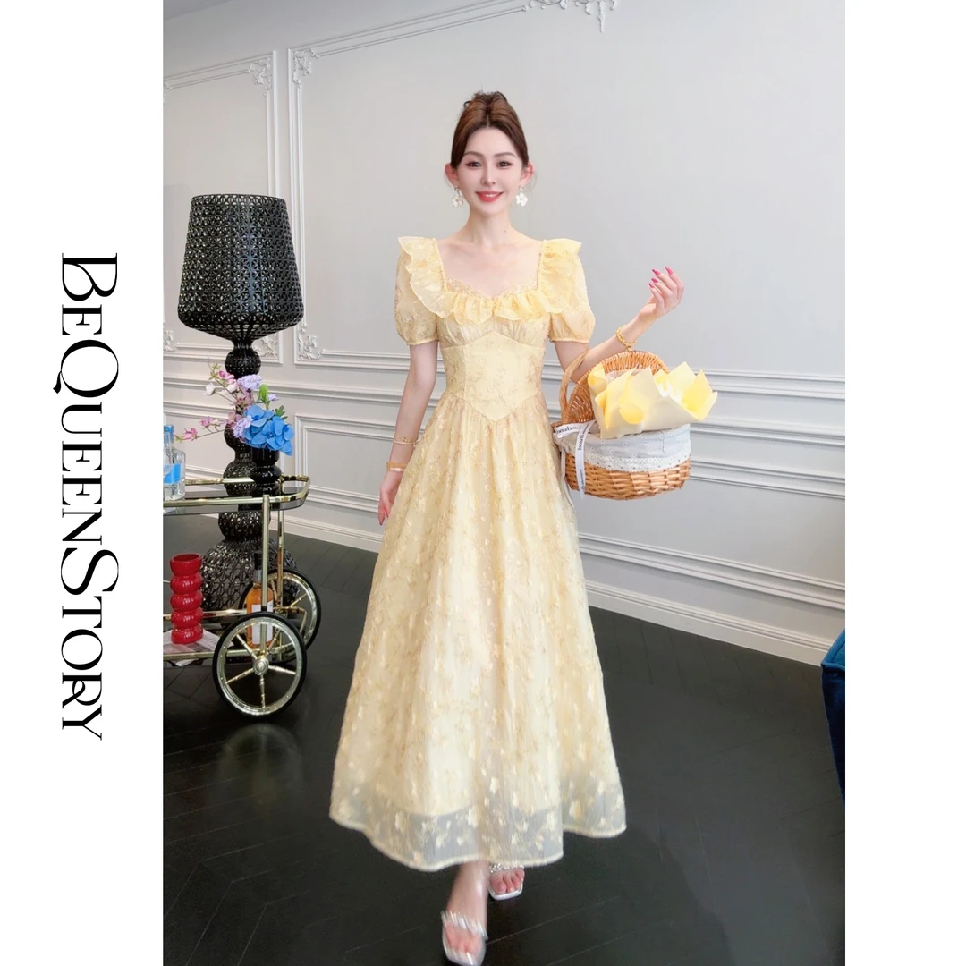 余潇潇【阳光麦浪】轻奢重工亮片绣花大摆垂感方领收腰连衣裙