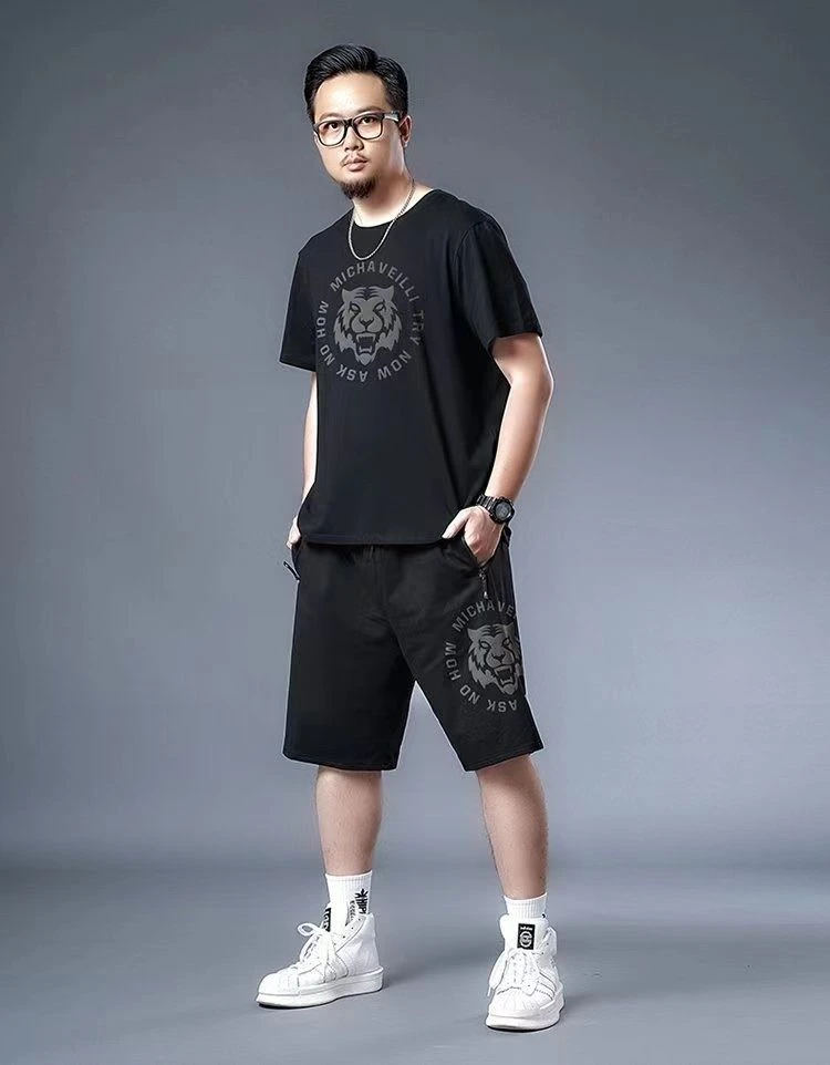 肥佬冰丝速干t恤男胖子加肥加大码男装夏季休闲运动短袖短裤套装