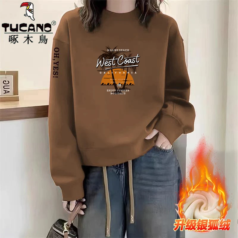 啄木鸟纯棉复古无帽卫衣女秋冬加绒百搭休闲慵懒风气质减龄上衣潮