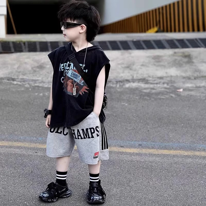 大童男童套装儿童夏装新款男孩帅气时髦帅气薄款连帽无袖背心夏季