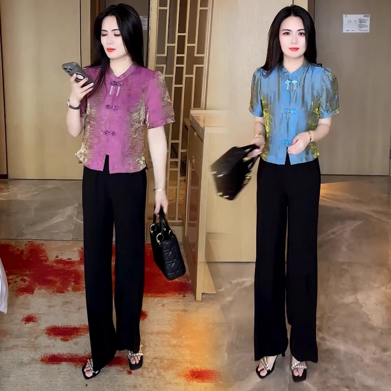 时尚套装女2025夏季新款洋气国风盘扣显瘦衬衫阔腿裤减龄两件套