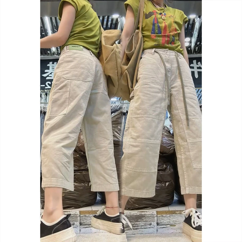 艾塔莉大码美式工装裤女夏季新款牛仔裤宽松八分裤遮胯阔腿直筒裤