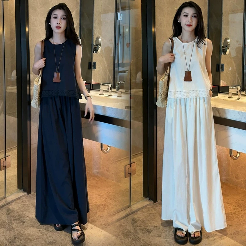 时尚套装女夏季新款高档洋气减龄显瘦无袖上衣女装阔腿裤两件套