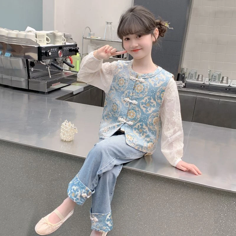 女童汉服2025新款春装儿童洋气中式国风马甲两件套春秋款女孩套装