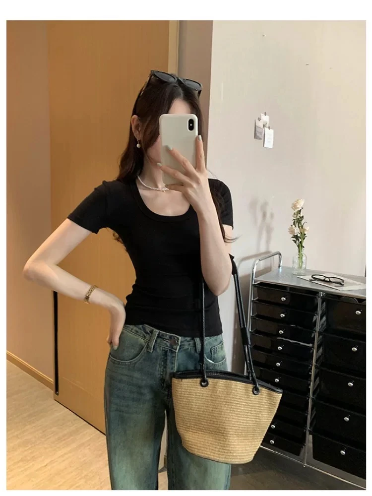修身版显瘦辣妹纯欲风短袖t恤女甜辣收腰掐腰清新学院风u领上衣