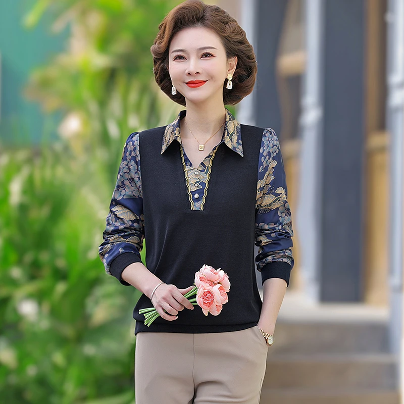 【丽姐家】夏季新款妈妈装打底长袖时尚洋气假两件宽松大码上衣