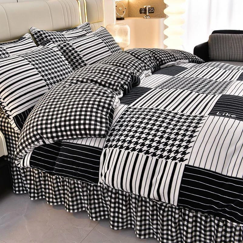 新款高颜值牛奶绒四件套加绒加厚9斤高克重水晶绒床裙三件套耐脏