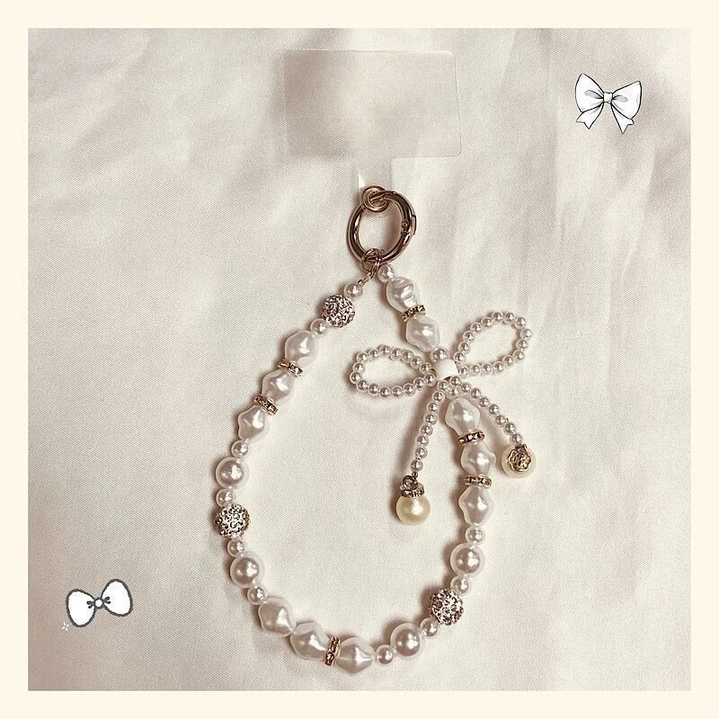 蝴蝶结ins珍珠手机链串珠链条钥匙扣ccd相机挂绳挂件女款手工通用