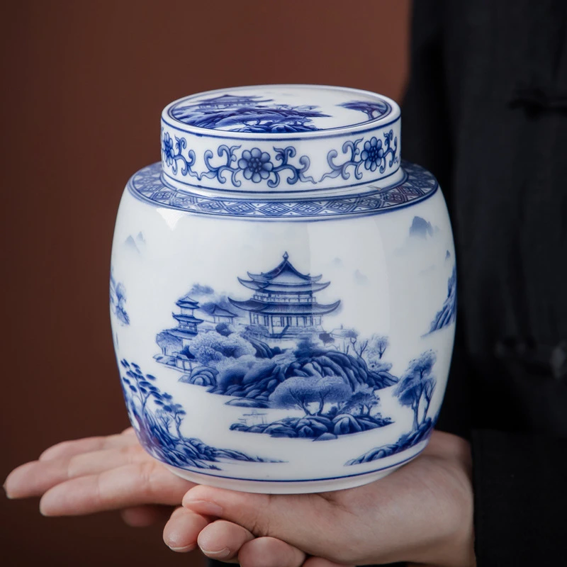 国风青花陶瓷大号茶叶罐茶叶中式茶罐子双盖普洱密封储存罐